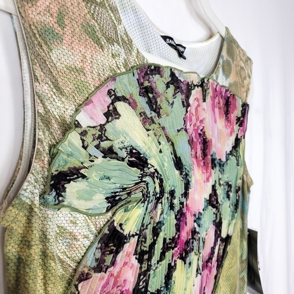 Samuel Dong Y2k Green Pink Roses Animal Print Pleated Fanned Fitted Midi Dress - Picture 5 of 10